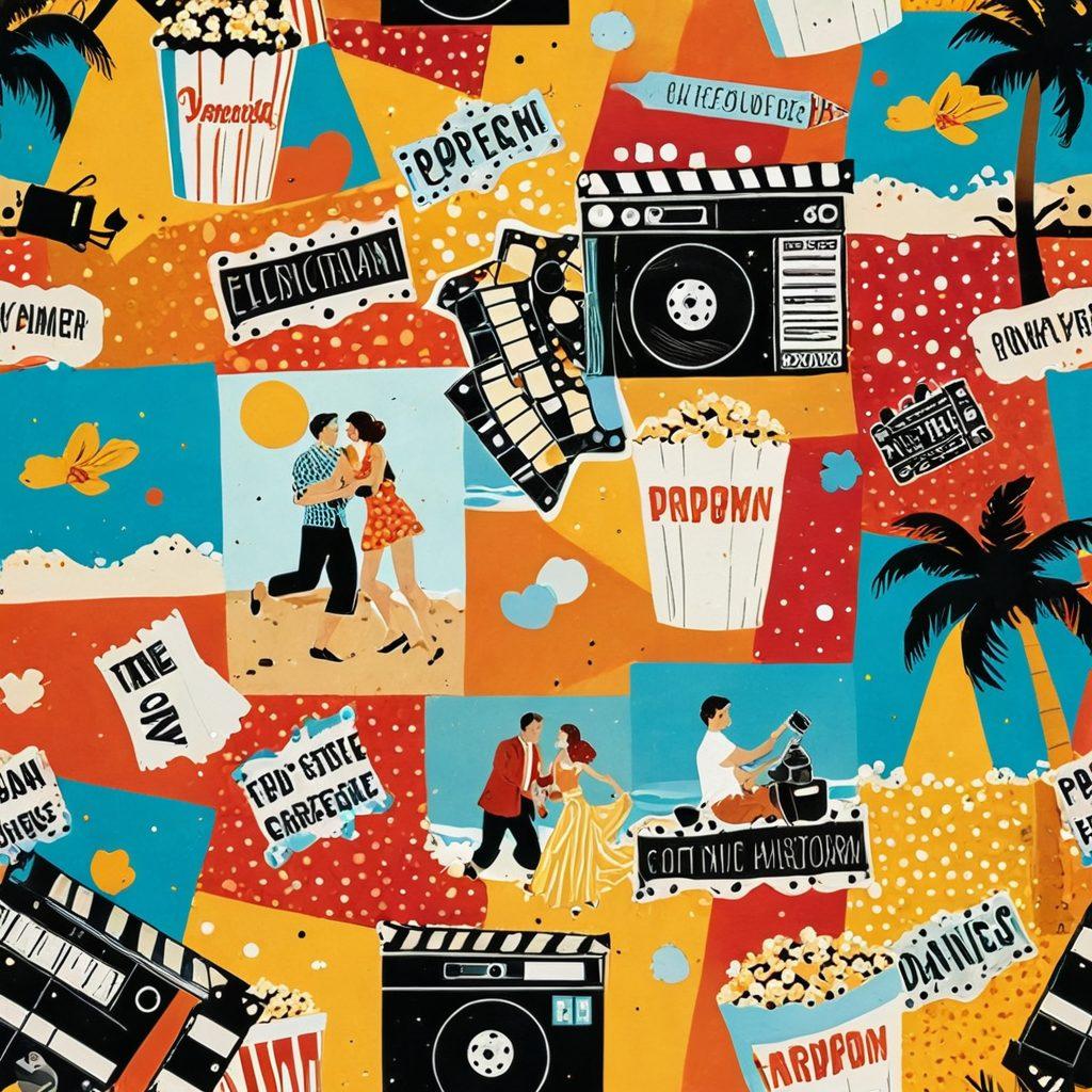 A whimsical collage of vintage film reels capturing joyful moments from light-hearted adult cinema: characters laughing, sharing intimate dances, and enjoying sunny beach scenes. Include elements like popcorn, colorful confetti, and playful caricatures of film icons, all set against a playful, bright background filled with abstract shapes. cartoonish style. vibrant colors. playful atmosphere.