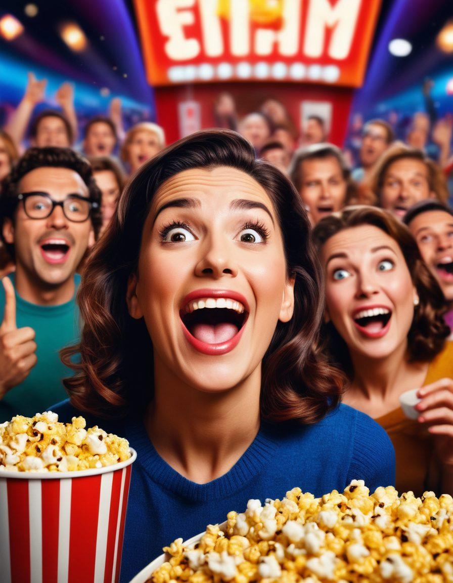 A vibrant movie theater filled with diverse adults laughing joyfully, surrounded by colorful posters of iconic comedy films. In the foreground, a large popcorn bucket spills over, adding a fun dynamic. The atmosphere is lively with film reels and a spotlight shining down, symbolizing the essence of cinematic experiences. The joyful expressions reflect the hilarity of comedy in adult films. super-realistic. vibrant colors. cinematic style.