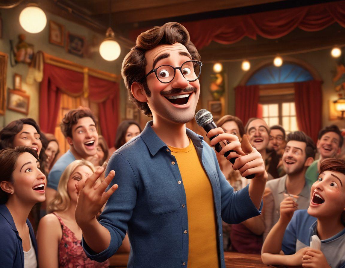 A playful scene depicting a stage with a comedian sharing jokes, while a group of diverse people in the audience laugh and share affectionate glances. In the background, subtle hints of adult entertainment themes are integrated into the décor, like whimsical props or illustrations. The atmosphere is warm and inviting, capturing the joy that comes from humor and connection. Soft lighting enhances the sense of intimacy. vibrant colors. 3D.